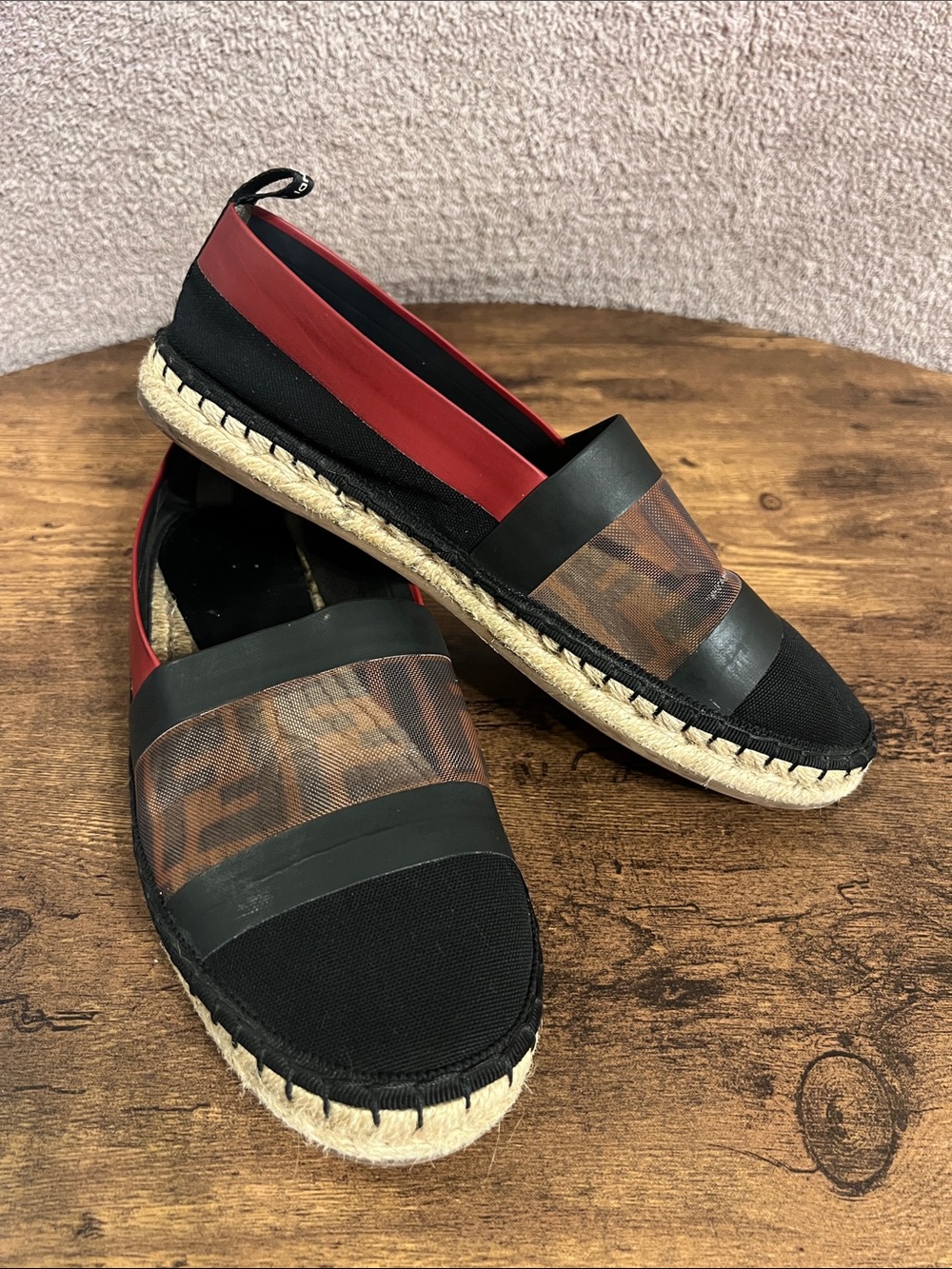 Fendi Black and Red Espadrille Slip-On Shoes